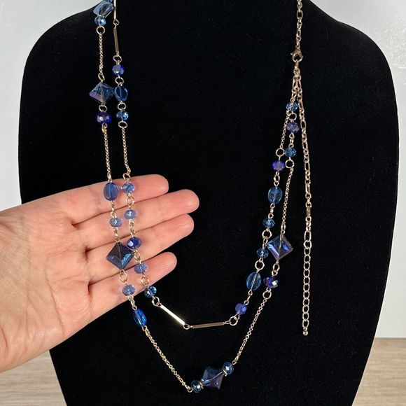 Blue Iridescent Plastic Beads Double Gold Tone Chain Necklace Vintage Style 36" - Picture 5 of 9